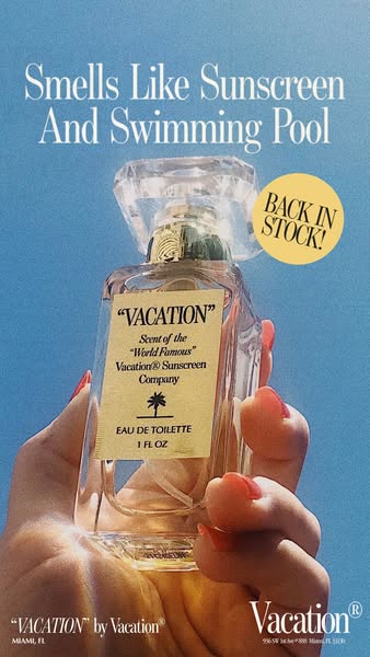 This image ad is for Vacation brand eau de toilette. The ad emphasizes the unique fragrance notes of sunscreen and swimm