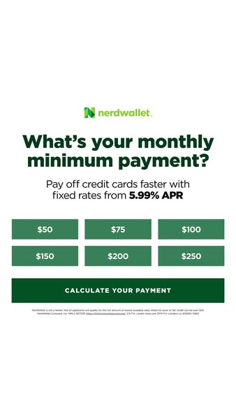This ad for NerdWallet promotes debt repayment with low fixed APR by offering a series of buttons with monthly payment a