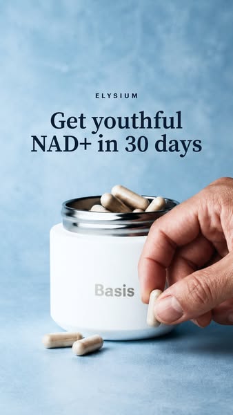The image ad for Elysium's Basis product presents the product as a solution to aging and declining NAD+ levels. It u