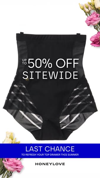 This image ad features a pair of black Honeylove shapewear. The headline indicates there is an offer of up to 50% off si