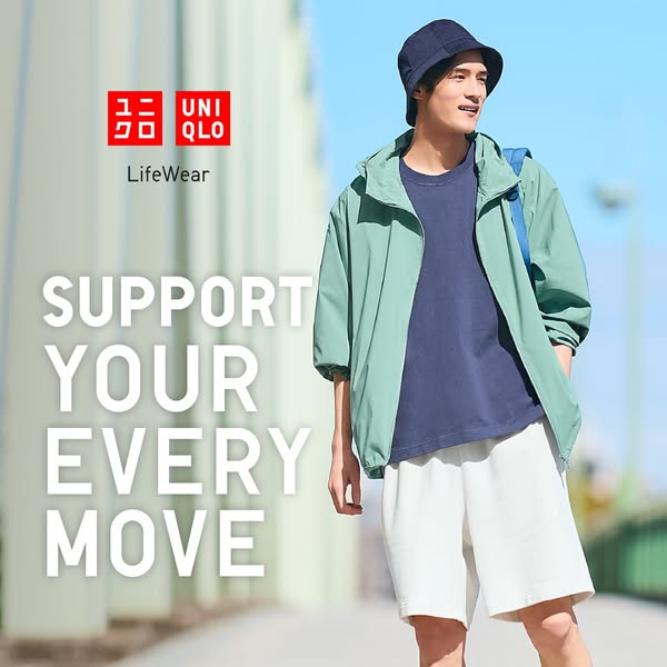 An ad for Uniqlo LifeWear featuring a person wearing clothing items, emphasizing comfort and movement.