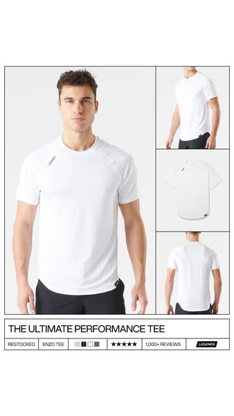 This ad showcases the Ultimate Performance Tee from Legends, highlighting its restocked status, multiple color options, 