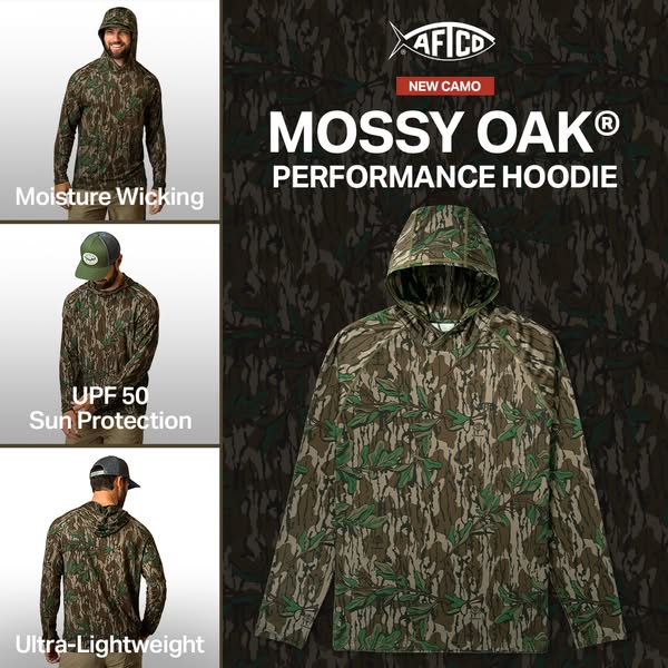 This image ad highlights a hooded long sleeve shirt made with a new camo pattern. The ad calls out features of moisture 