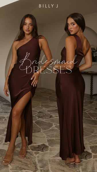 The ad features two women wearing floor-length bridesmaid dresses. The dresses are a dark brown, almost burgundy color, 