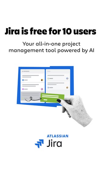 This image ad for Jira highlights that it is free for up to 10 users and is an all-in-one project management tool powere