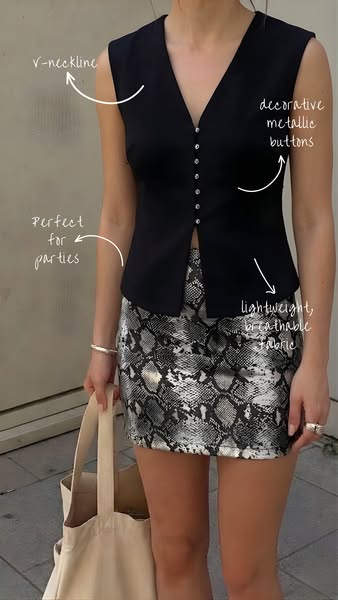 This image promotes a black top with metallic buttons and a V-neckline, paired with a snake print skirt. The ad highligh