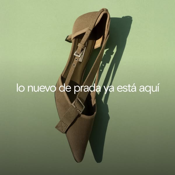 This ad features a single Prada shoe against a pale green background with a caption that indicates the new Prada shoe is