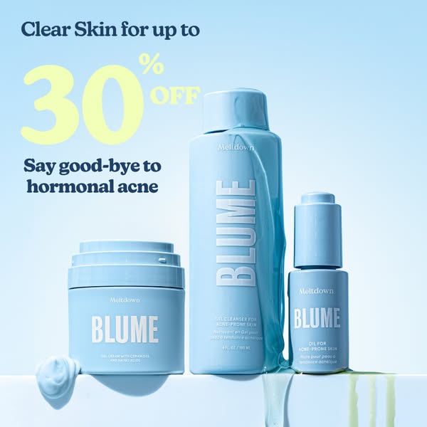 This ad for Blume skincare features a 30% off discount and promotes their products as a solution for hormonal acne. Thre