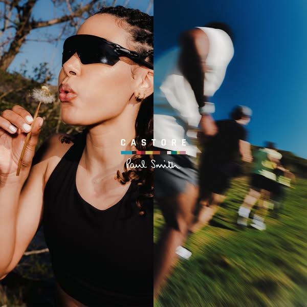 This ad for Castore and Paul Smith shows a woman holding a dandelion and wearing athletic sunglasses. The other half of 