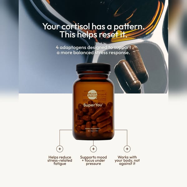 This ad for Moon Juice's SuperYou supplement highlights the product's ability to reset cortisol patterns using a
