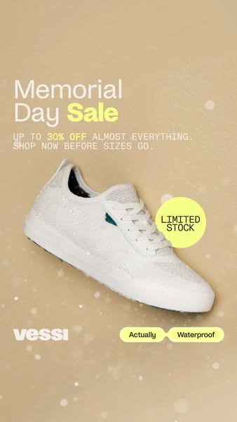 This ad promotes a Memorial Day Sale for Vessi, highlighting discounts of up to 30% on almost everything and emphasizing