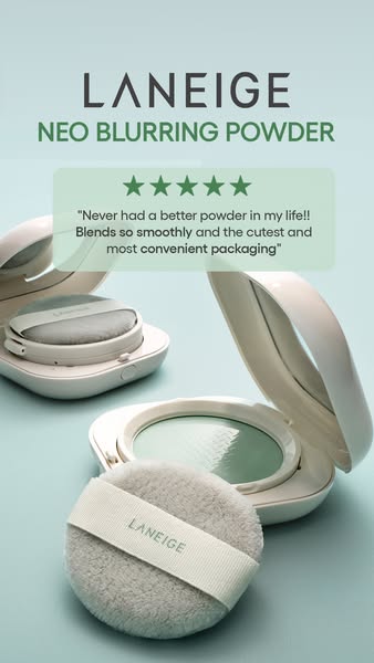 This ad showcases Laneige's Neo Blurring Powder, emphasizing its smooth blending and convenient packaging through a 