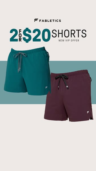The image ad promotes Fabletics shorts with a special offer for VIP members, highlighting two different colors of the pr