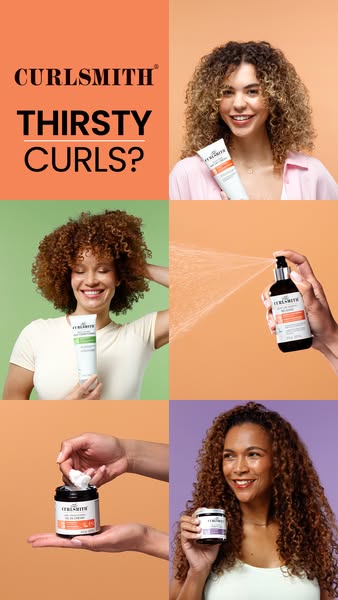 This image ad from Curlsmith uses a grid format to showcase a variety of their moisturizing products for curly hair. Eac