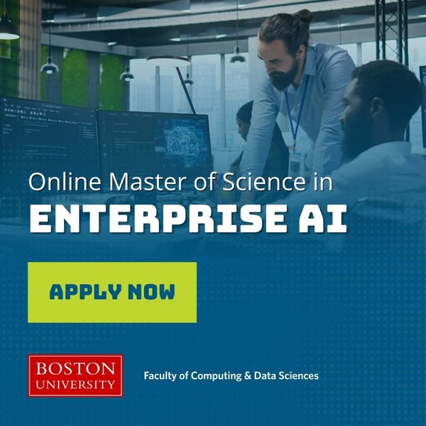 This image ad promotes Boston University's online Master of Science in Enterprise AI program. The visual features st