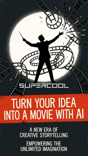 This ad uses a vintage-inspired illustration style to promote Supercool, an AI-powered platform that turns ideas into mo