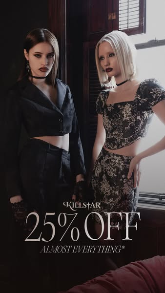 An image ad promoting Killstar apparel with a 25% off discount. The ad features two models in clothing from the brand, s