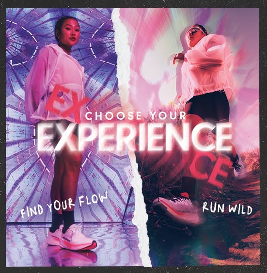 This image ad uses a split screen and contrasting colors to highlight the Hoka brand running shoe. The left side, with c