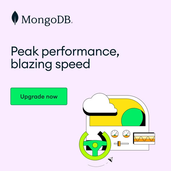 This image ad for MongoDB promotes the platform's peak performance and blazing speed. The ad features a vector illus