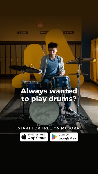 An advertisement for Musora featuring a person playing drums. The ad encourages the user to start for free on the app, w