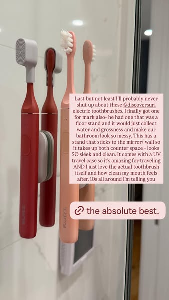 This ad promotes SURI electric toothbrushes and UV travel cases. The ad features a customer testimonial discussing the b