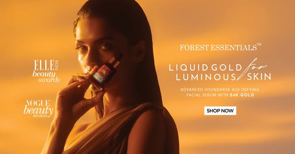 An image ad for Forest Essentials Liquid Gold facial serum, highlighting its luminous skin benefits. The ad features a w