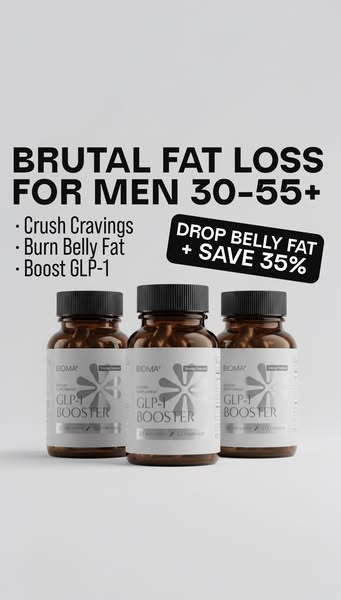 This ad for Bioma GLP-1 Booster promotes fat loss for men between the ages of 30-55. It lists three specific benefits of