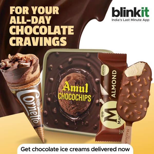 This image ad promotes the delivery of chocolate ice creams through Blinkit. It features an assortment of chocolate ice 