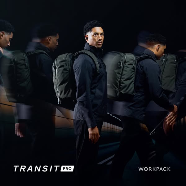 This ad features a man wearing the Transit Pro Workpack. The ad uses a motion effect to show the man walking with the ba