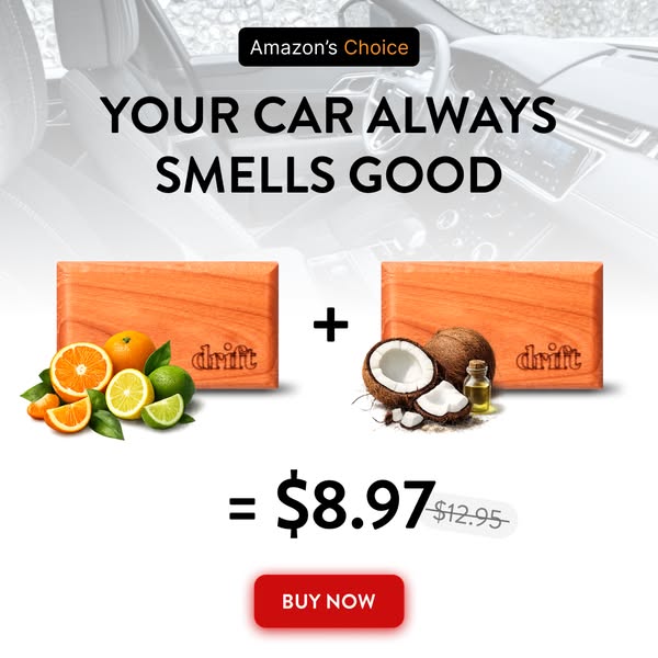 This ad promotes wooden car air fresheners with citrus and coconut scents at a discounted price.