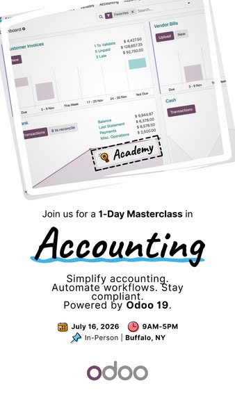 This image ad promotes a one-day accounting masterclass powered by Odoo 19. It highlights simplifying accounting, automa