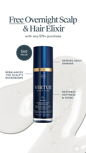This ad promotes Virtue's Correct Overnight Scalp & Hair Elixir, offering it as a free gift with purchases over 