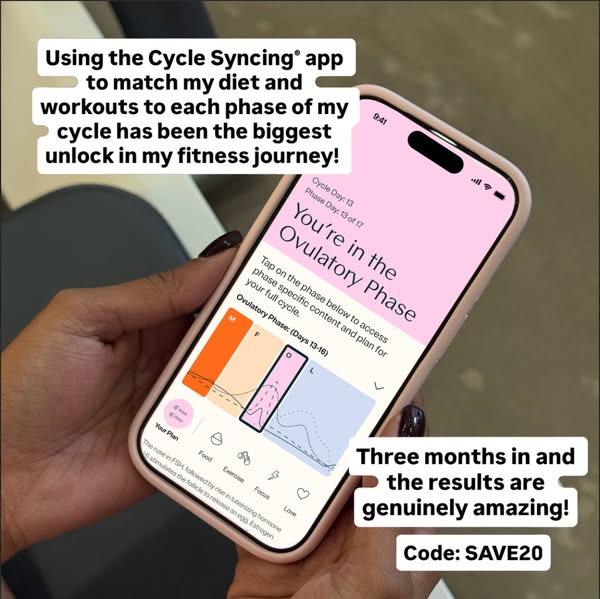 This ad features a woman holding a phone displaying the Cycle Syncing app. The ad highlights the app's ability to ma