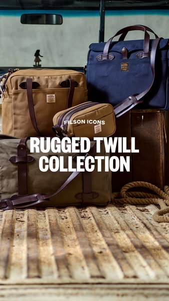 This ad showcases the Filson Rugged Twill Collection, highlighting various bags made from durable material, appealing to