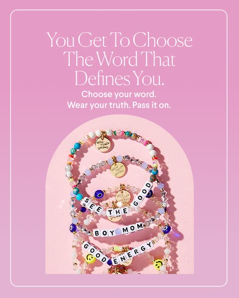 The ad features beaded bracelets with block letter beads that form various words. The ad asks the viewer to choose the w