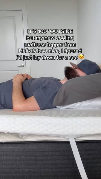 This ad features a man lying on a Helix cooling mattress topper. He says it's so nice that he figured he'd just 