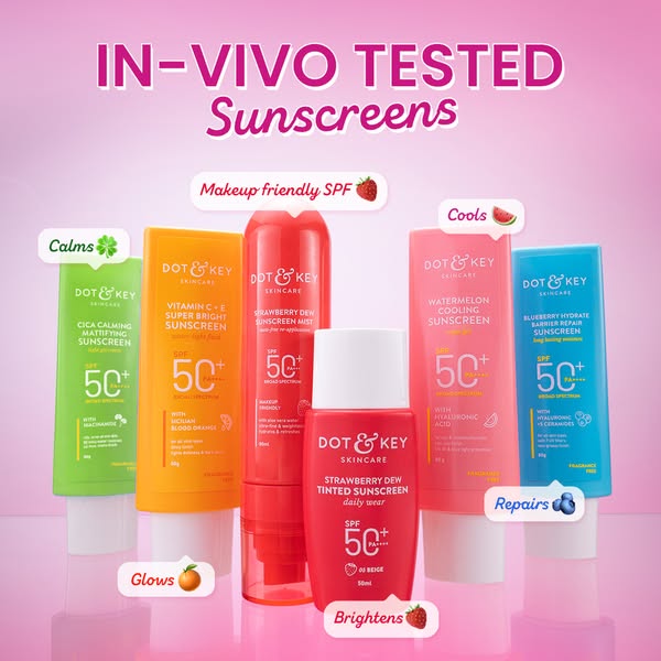 This ad features Dot & Key sunscreens. There are 5 sunscreens being featured in the ad. They are all lined up next t