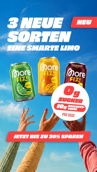 This image ad promotes three new flavors of More FIZ! drink with zero sugar and offers up to 30% off, emphasizing the he