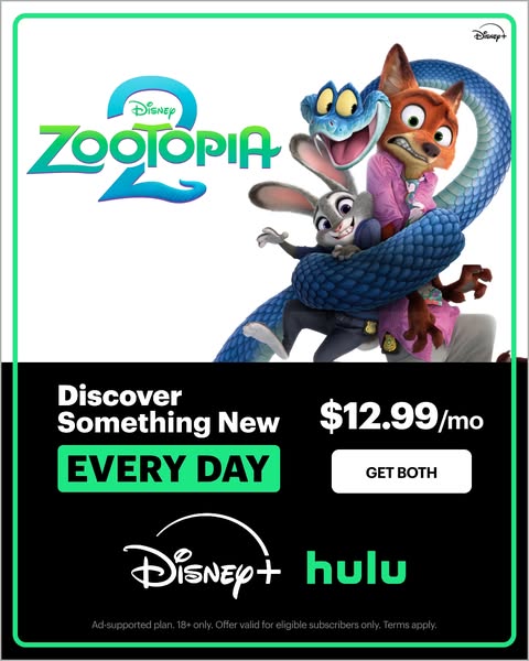 This ad promotes Disney+ and Hulu, highlighting that you can get both streaming services for $12.99/month.