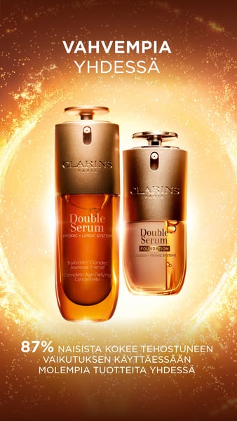 This ad for Clarins features their Double Serum and Double Serum Foundation. It includes a statistic in Finnish about th