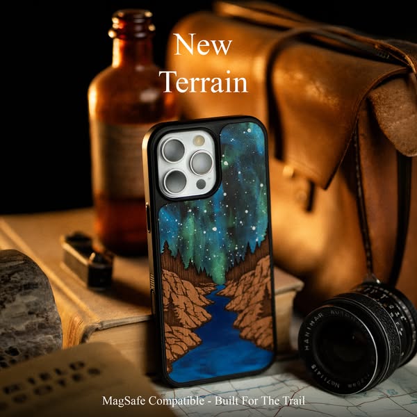 The ad showcases a phone case with an outdoors-themed design. It is built for people who enjoy the outdoors. The case is