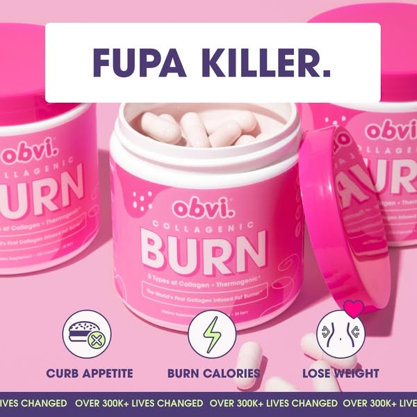 The image ad promotes Obvi's Collagenic Burn as a solution for weight loss and appetite curbing. It employs direct c
