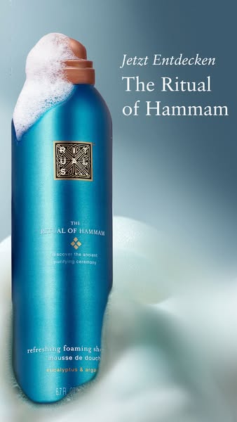 This ad promotes Rituals' The Ritual of Hammam refreshing foaming shower gel. The ad features a close-up of the prod