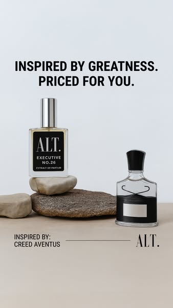 This image ad for ALT. fragrances compares their product to a similar fragrance from Creed Aventus. It uses product phot