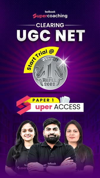 This image ad promotes Testbook Supercoaching for the UGC NET exam. It features a trial offer, imagery related to paper 