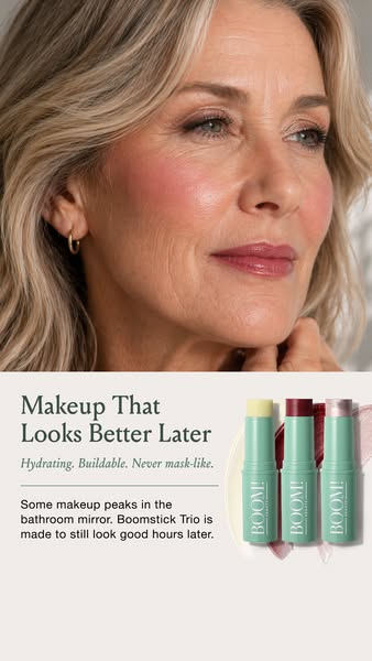 This image ad for Boomstick Trio features a close-up of a woman's face after applying the makeup. The ad highlights 