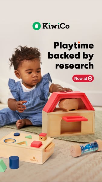 This ad showcases KiwiCo's educational toys and their availability at Target. The ad emphasizes the research-backed 