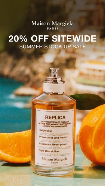 This image ad for Maison Margiela promotes a 20% off sitewide summer sale. The image features a bottle of the 'Repli