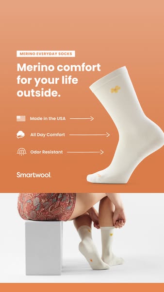 This ad features the Smartwool brand showcasing its merino wool socks, highlighting their comfort, odor resistance, and 