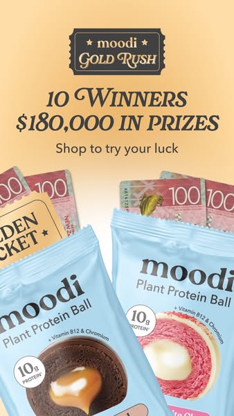 This image ad promotes Moodi Plant Protein Balls and invites customers to shop for a chance to win from $180,000 in priz